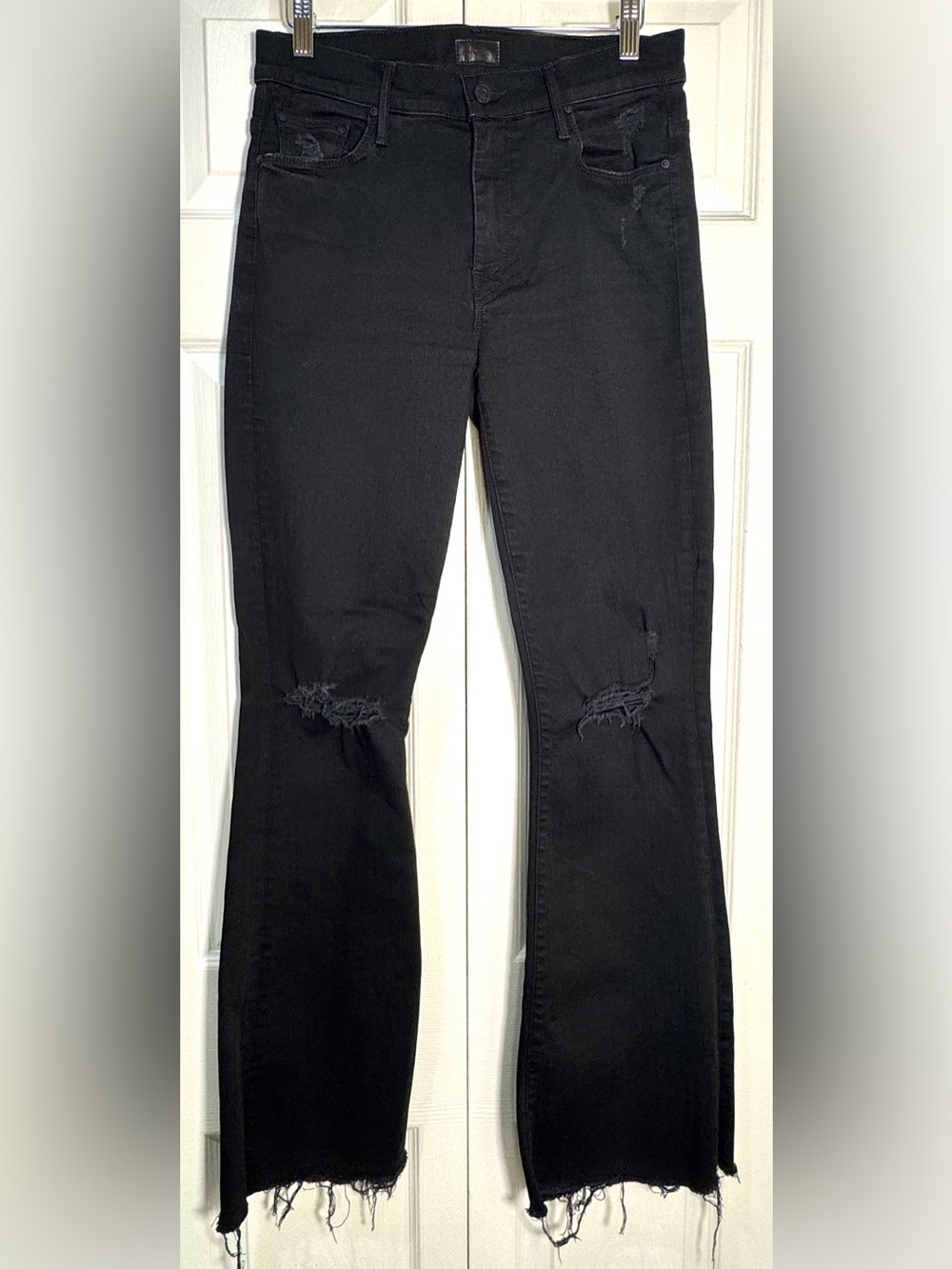 MOTHER The Weekender Fray Black High Rise Flare Jeans Distressed Size 28